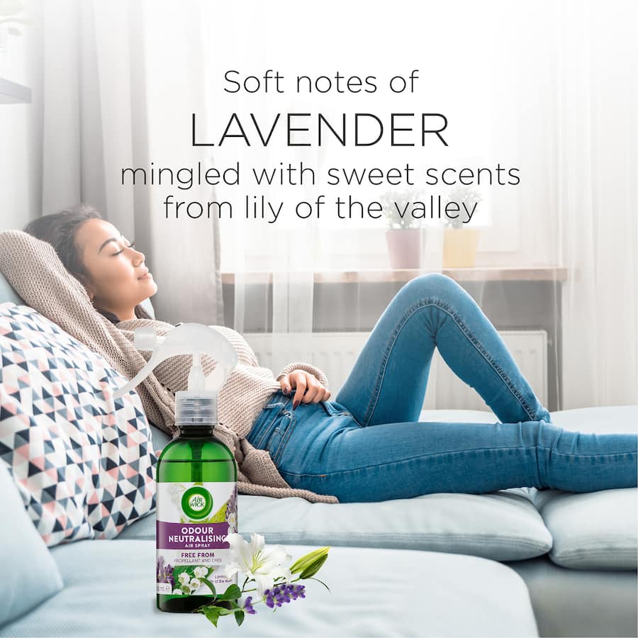 Air Wick Odour Neutralising Spray in Lavender & Lily of the Valley, a floral air freshener eliminating bad odors effortlessly.