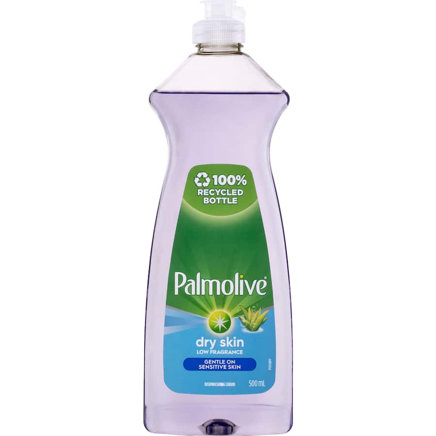 Gentle Palmolive Dishwashing Liquid for Dry Skin, infused with aloe, tough on grease, hypoallergenic, and eco-friendly.