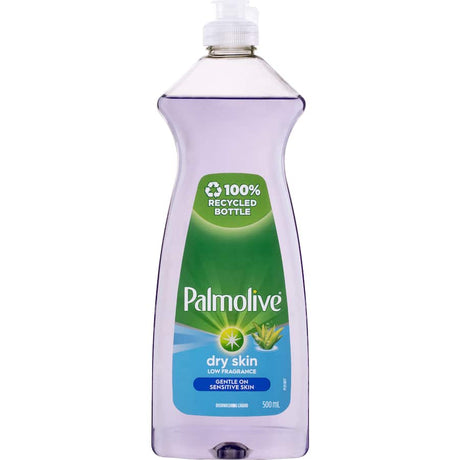 Gentle Palmolive Dishwashing Liquid for Dry Skin, infused with aloe, tough on grease, hypoallergenic, and eco-friendly.
