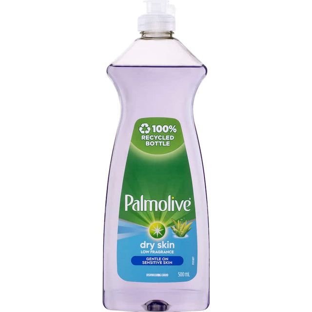 Gentle Palmolive Dishwashing Liquid for Dry Skin, infused with aloe, tough on grease, hypoallergenic, and eco-friendly.