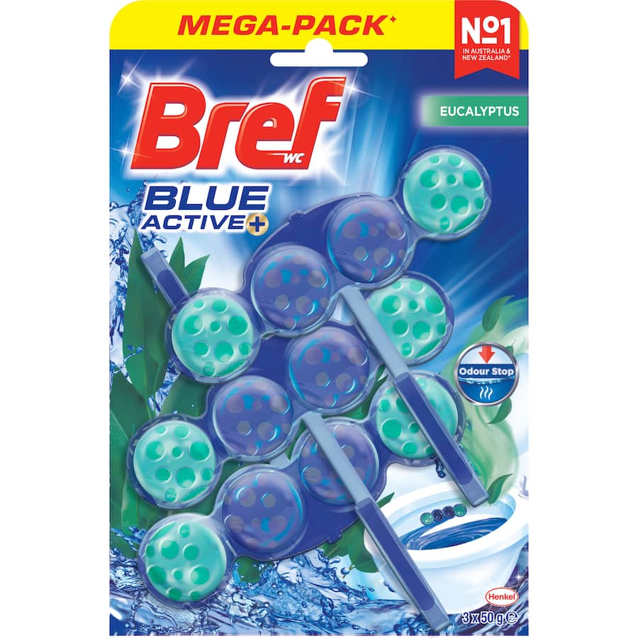 Bref Blue Active Toilet Flush Rim Block in Eucalyptus, featuring Odour Stop Technology for freshness and deep cleaning between flushes.