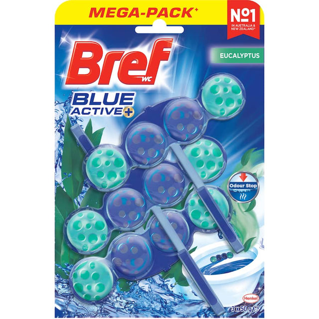 Bref Blue Active Toilet Flush Rim Block in Eucalyptus, featuring Odour Stop Technology for freshness and deep cleaning between flushes.