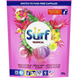 Surf Laundry Detergent Capsules Tropical pack, offering 30 washes of powerful cleaning and vibrant floral scents.