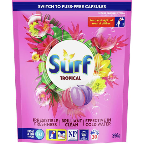 Surf Laundry Detergent Capsules Tropical pack, offering 30 washes of powerful cleaning and vibrant floral scents.