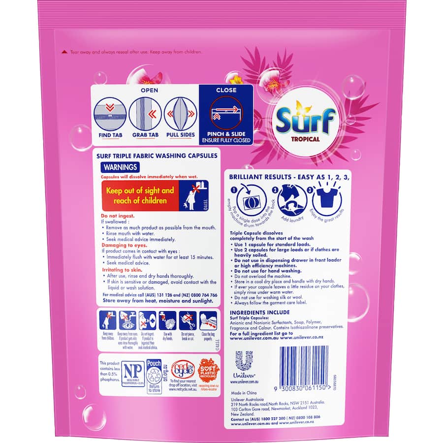 Surf Laundry Detergent Capsules Tropical pack, featuring 30 vibrant capsules for powerful cleaning and captivating floral scents.