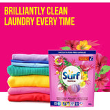 Surf Laundry Detergent Capsules Tropical featuring 30 washes with vibrant floral scents for a fresh, clean laundry experience.