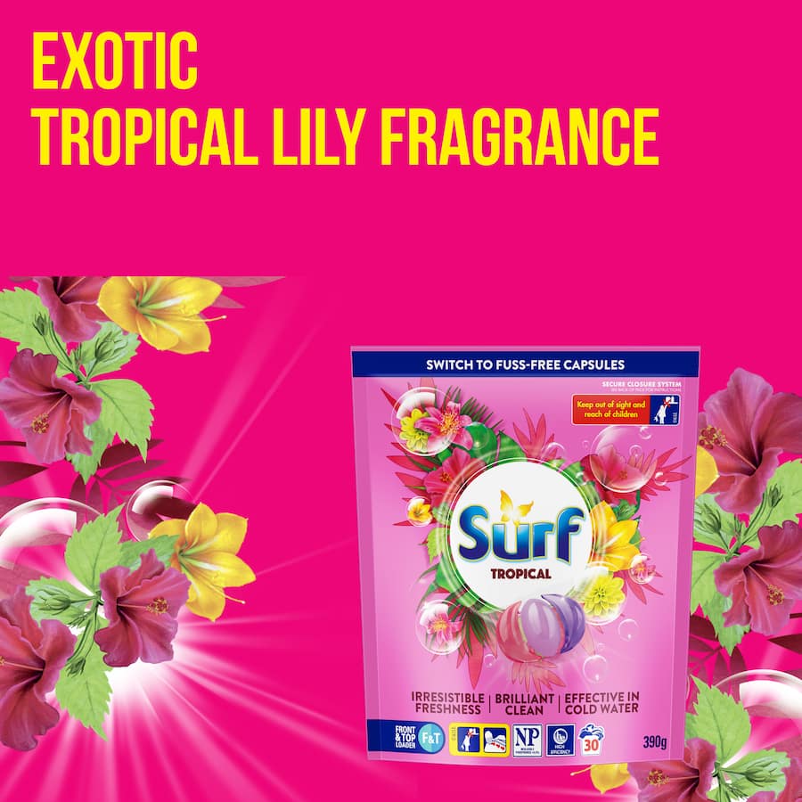 Surf Laundry Detergent Capsules Tropical for 30 washes, delivering powerful cleaning and vibrant floral scents in a convenient format.