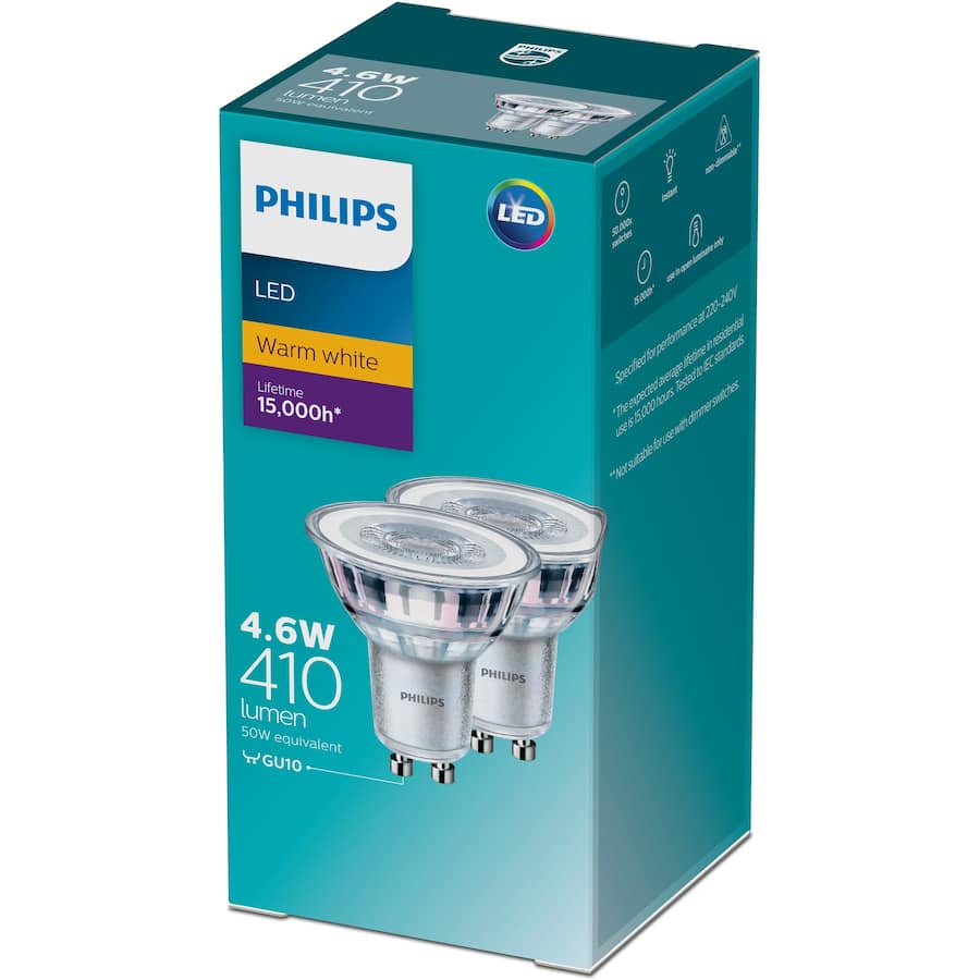 Philips Down Light Bulb LED 4.6W, 410 lumens warm white light, eco-friendly with 15,000-hour lifespan and versatile GU5.3/GU10 fitting.