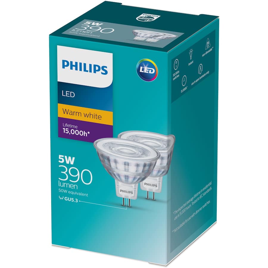 Philips 5W LED down light bulb emitting 390 lumens of warm white light, ideal for energy-efficient indoor illumination.