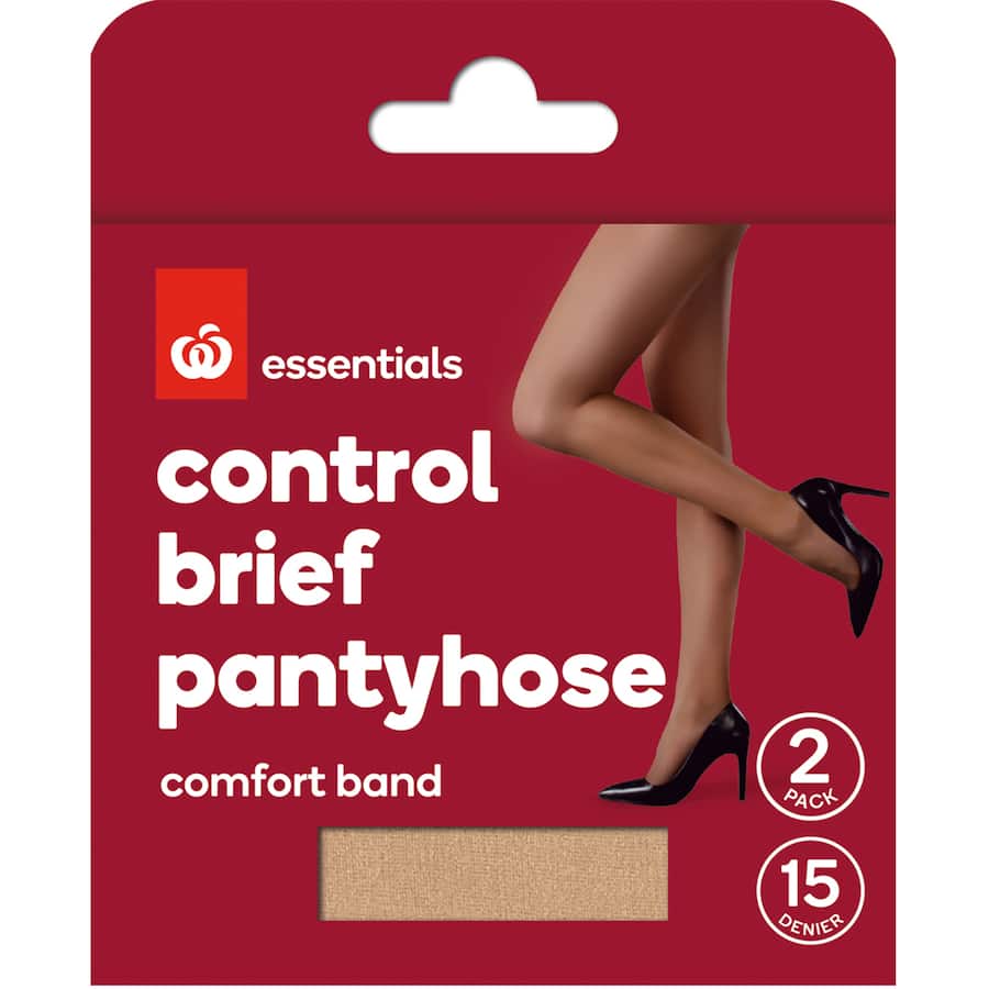 Sheer 15 denier pantyhose with reinforced toes, includes 2 pairs designed for comfort and durability.