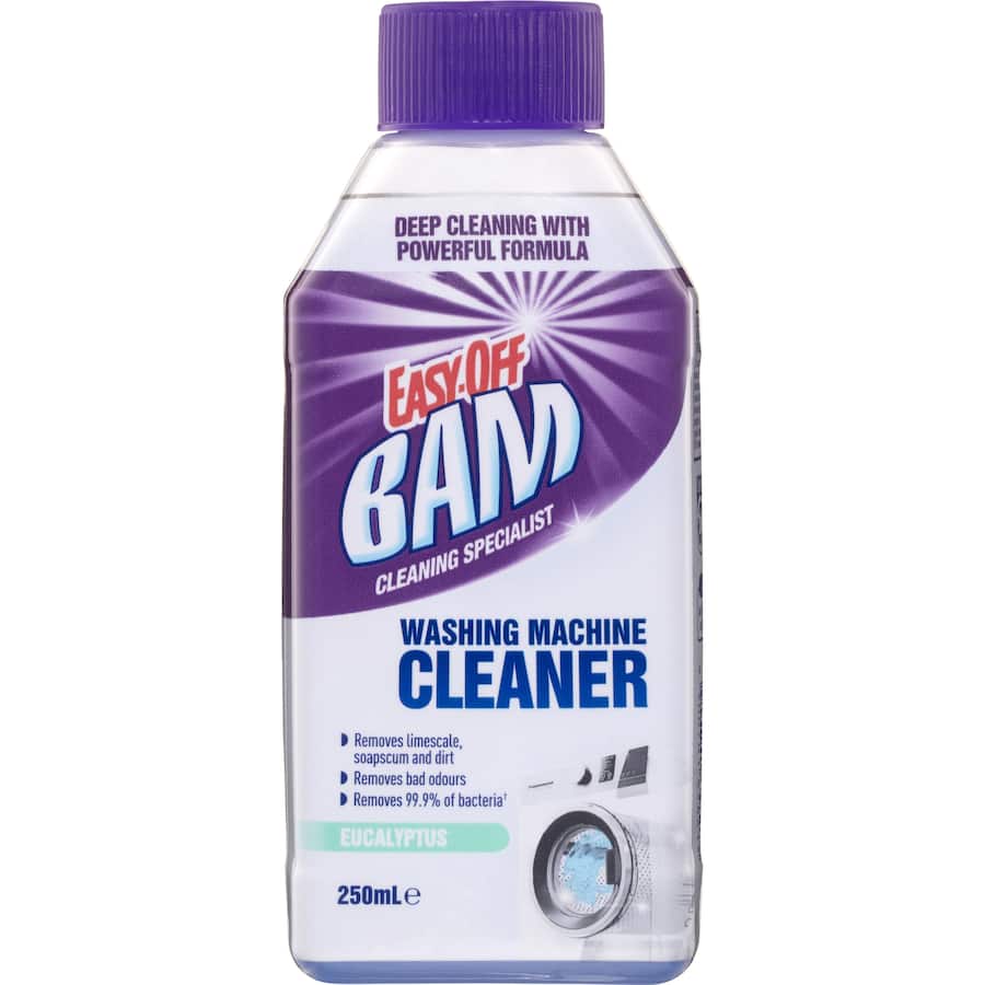 Powerful washing machine cleaner eliminating 99.9% bacteria and leaving a fresh eucalyptus scent for optimal hygiene.