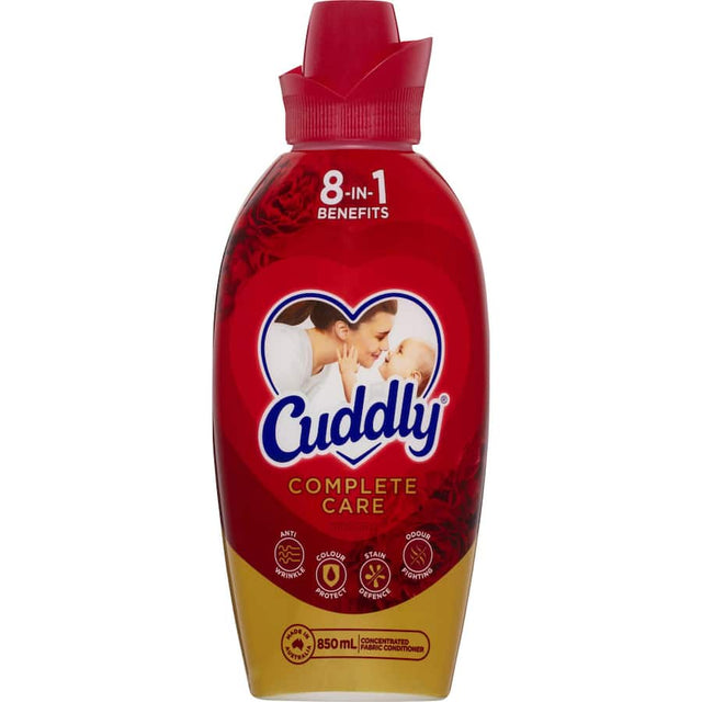 Cuddly Complete Care Fabric Conditioner Rose: 850mL softener with Wild Rose scent, offering 8 benefits for luxurious, fresh laundry.