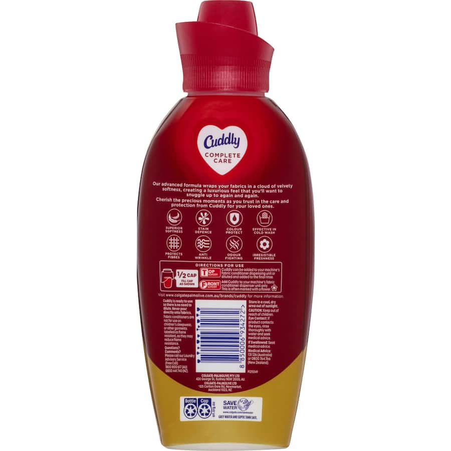 Cuddly Complete Care Fabric Conditioner in Rose scent, 850mL, offers 8 benefits for soft, fresh laundry made in Australia.