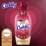 Cuddly Complete Care Fabric Conditioner in Rose, 850mL, offers 8 benefits: softness, stain defense, odor fighting, and more.
