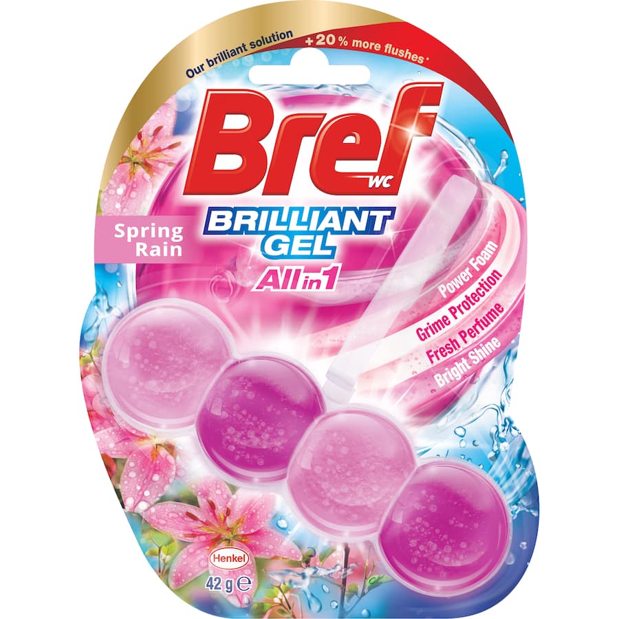 Bref Brilliant Gel Toilet Flush Rim Block in Spring Rain scent, ensuring brilliant shine, freshness, and effective cleaning with every flush.