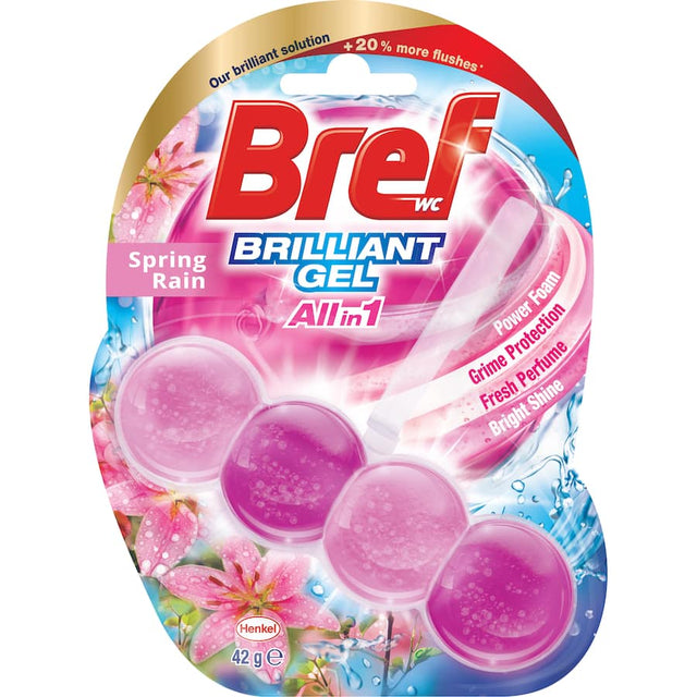Bref Brilliant Gel Toilet Flush Rim Block in Spring Rain scent, ensuring brilliant shine, freshness, and effective cleaning with every flush.