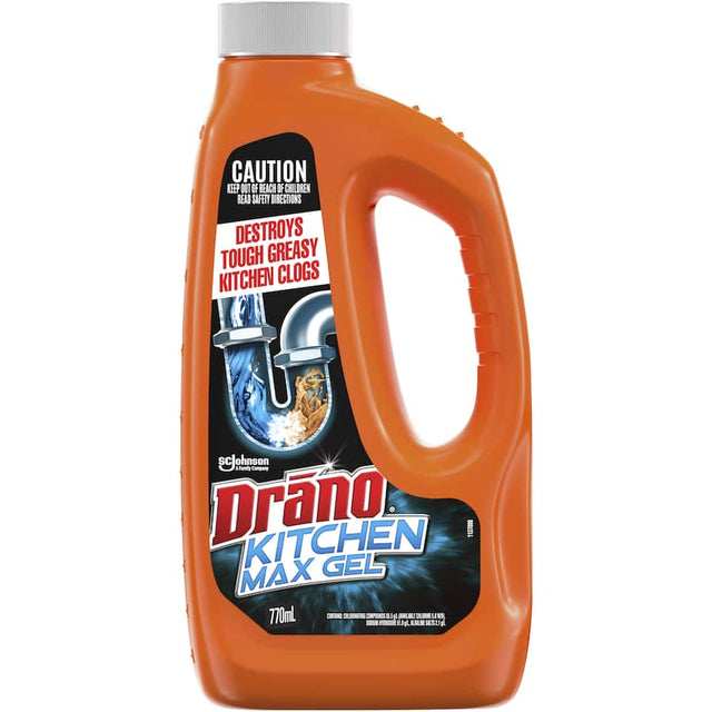 Drano Kitchen Max Gel bottle, designed to dissolve tough kitchen clogs, eliminate odors, and maintain clean drains.