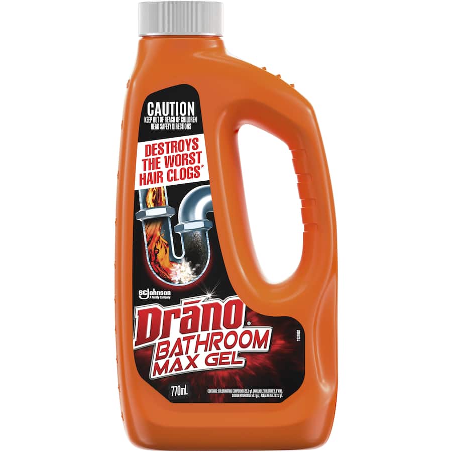 Drano Max Gel bottle, a powerful drain cleaner designed to dissolve hair clogs quickly and safely for all pipe types.