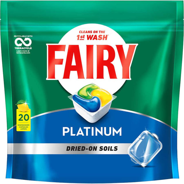 Fairy Dishwasher Tablets Platinum Plus, advanced cleaning power for spotless, hygienic dishes with built-in shine aid.
