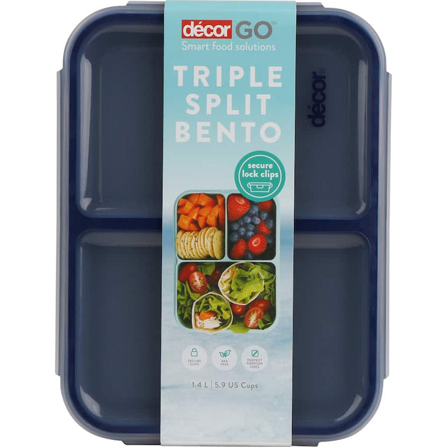 Decor Go Bento Lunch Box Triple Split, featuring 3 compartments, secure clips, and BPA-free materials for fresh, organized meals.