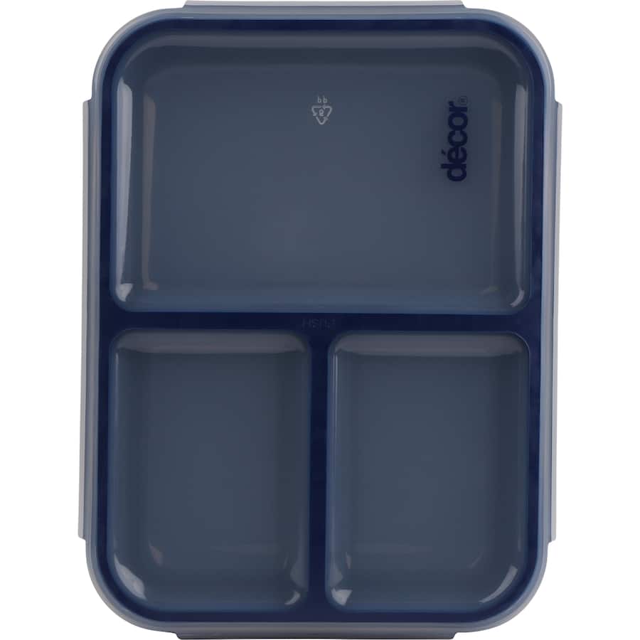 Triple split bento lunch box with secure clips, ideal for packing sandwiches, snacks, and fruits without wrappers.