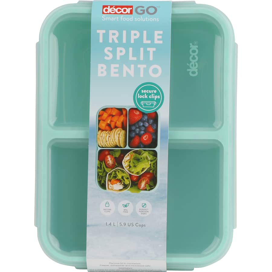 Decor Go Bento Lunch Box with triple split design, 4 secure clips, BPA-free, ideal for organized, wrapper-free meals.