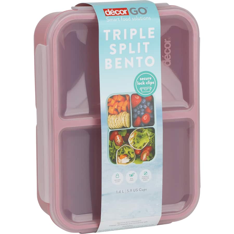 Triple split bento lunch box with secure clips, perfect for organizing meals and keeping food fresh on the go.