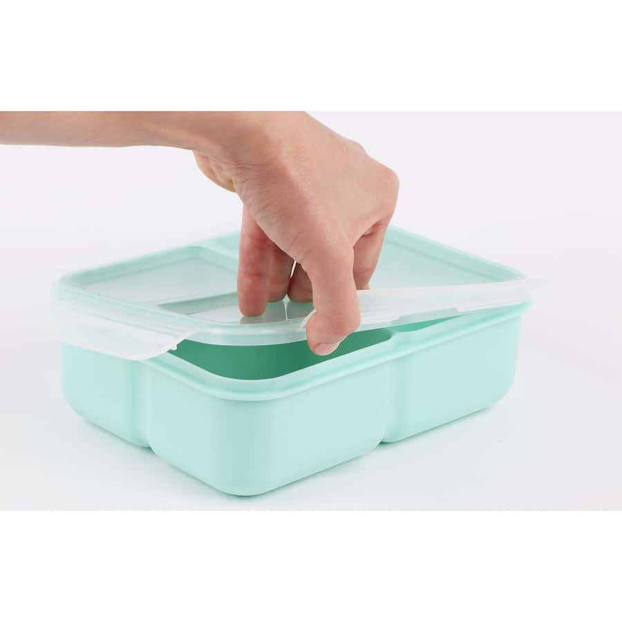 Decor Go Bento Lunch Box with triple compartments, ideal for organized lunches, freezer-safe, and BPA-free.
