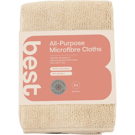 Premium all-purpose microfibre cloths, super absorbent, streak-free finish, machine washable, eco-friendly, pack of 2.