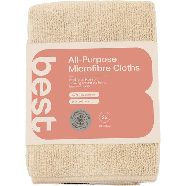 Premium all-purpose microfibre cloths, super absorbent, streak-free finish, machine washable, eco-friendly, pack of 2.