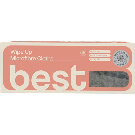 Pack of 10 extra soft, highly absorbent microfibre cloths for versatile, chemical-free cleaning in eco-friendly packaging.