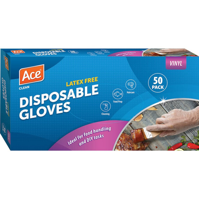 Premium Ace Disposable Vinyl Gloves for food handling, medical tasks, and cleaning; latex-free, slip-resistant, and hygienic.