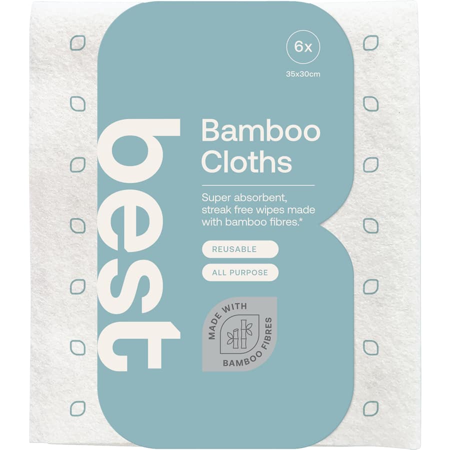 "Eco-friendly bamboo cleaning cloths, ultra-absorbent, reusable, streak-free, pack of 6, perfect for sustainable cleaning."