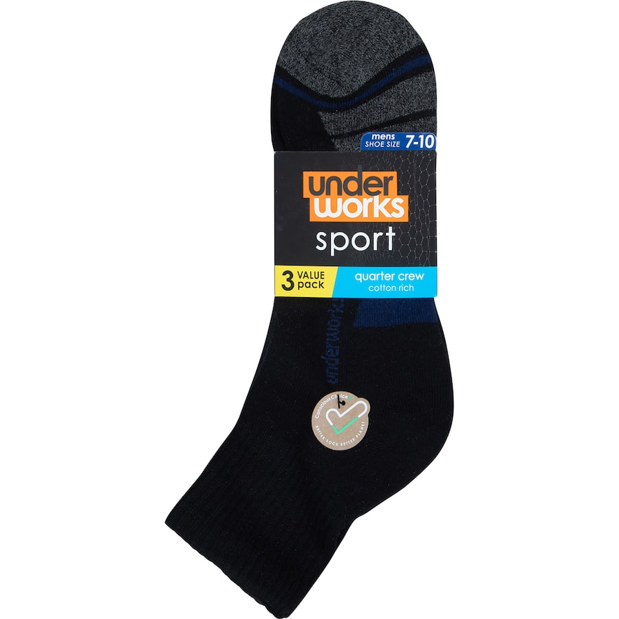 Underworks Mens Socks Sport Qtr Crew Size 7-10 3pack