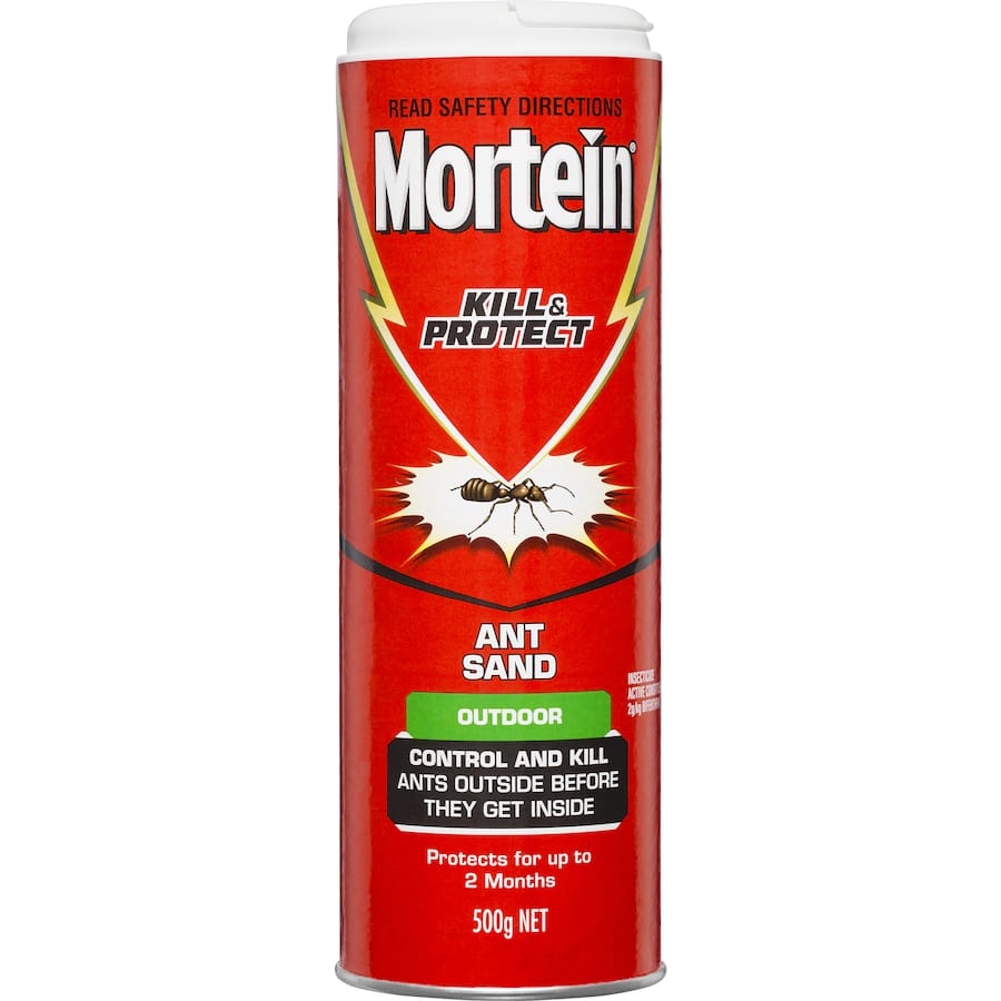 Mortein Kill & Protect Ant Killer Sand for outdoor ant control, features delayed action and is safe for plants and soil.