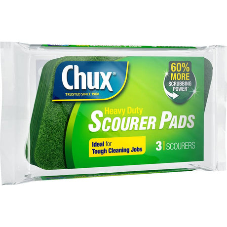 Chux Scourer Heavy Duty Pads: coarse pads designed for tough cleaning of pots, pans, and hard-to-reach areas.