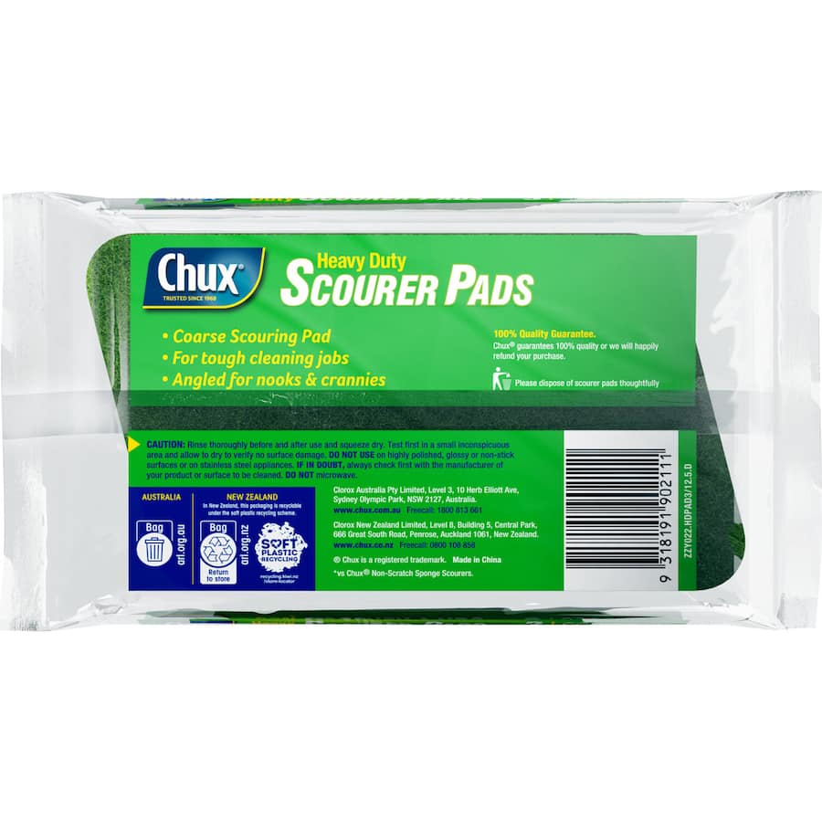 Heavy-duty Chux scourer pads designed for tough cleaning, with an angled shape for reaching corners and scrubbing stubborn grime.