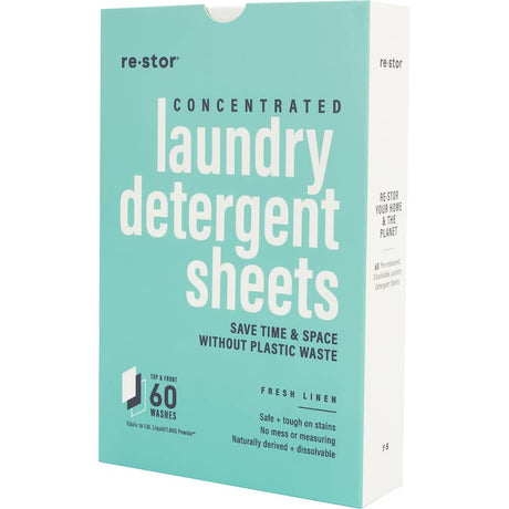 Restor Concentrated Laundry Detergent Sheets in Fresh Linen scent offer eco-friendly, hypoallergenic cleaning in a compact, dissolvable format.