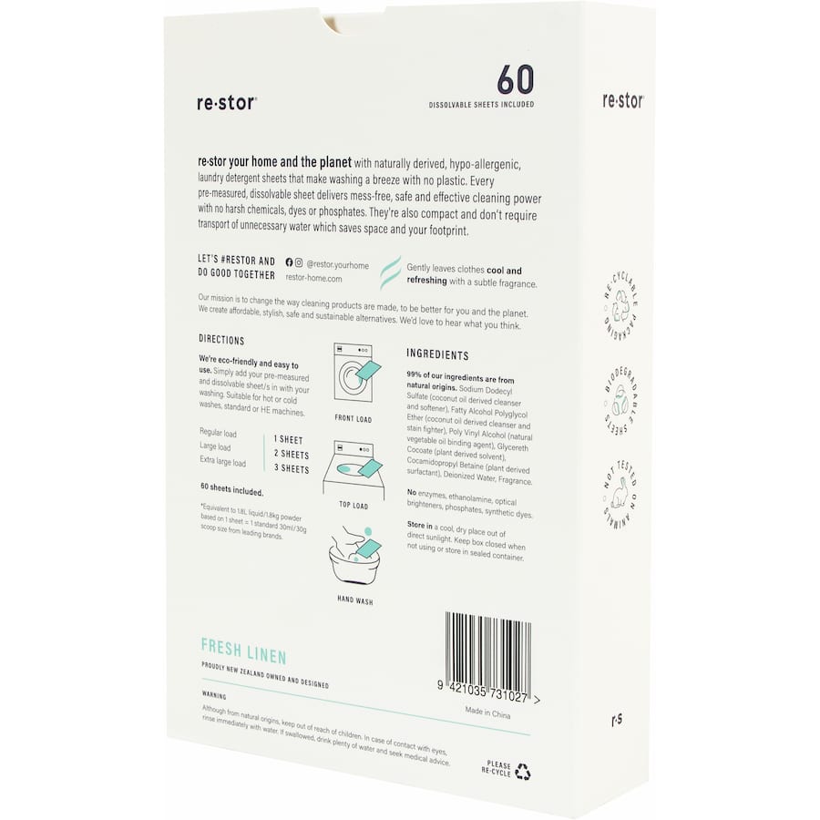 Restor Fresh Linen laundry detergent sheets in eco-friendly, plastic-free packaging for mess-free, concentrated cleaning.