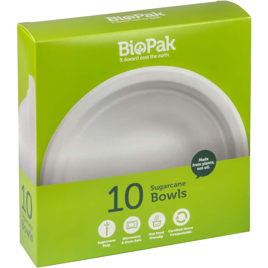 Biodegradable 500ml Biopak Bowls, perfect for eco-friendly takeout, leak-resistant, microwave-safe for hot or cold foods.