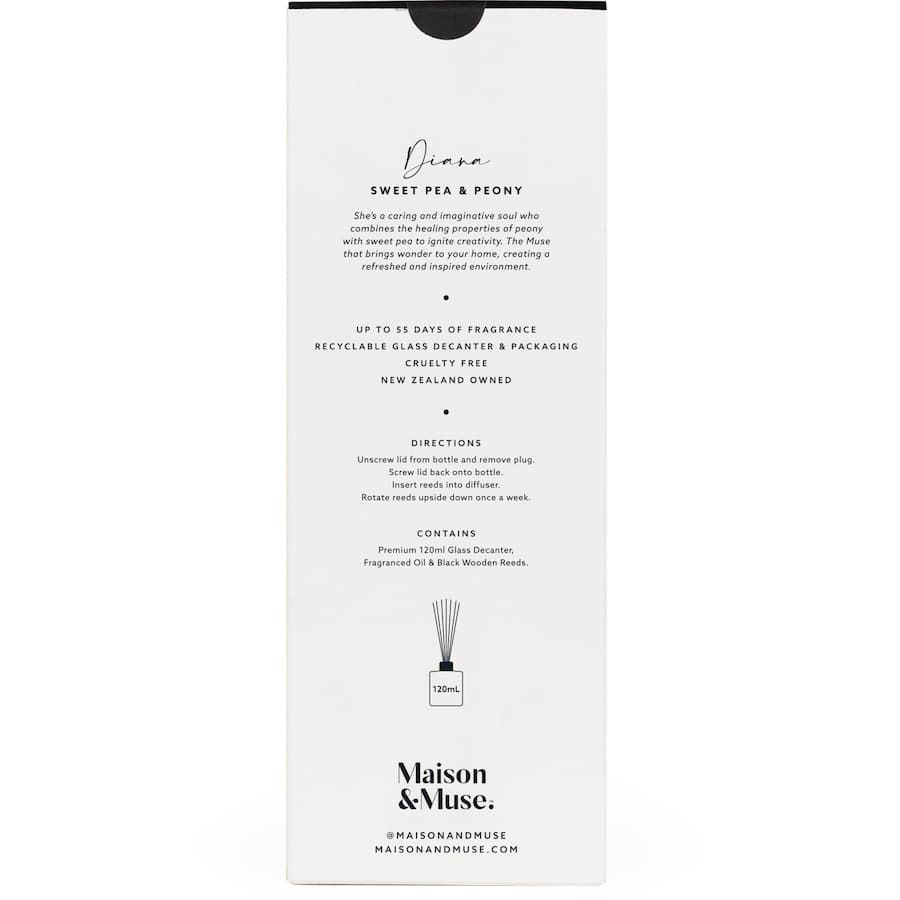 Luxurious Maison & Muse diffuser with Sweet Pea & Peony scent, designed for 55 days of lasting fragrance in a stylish glass decanter.