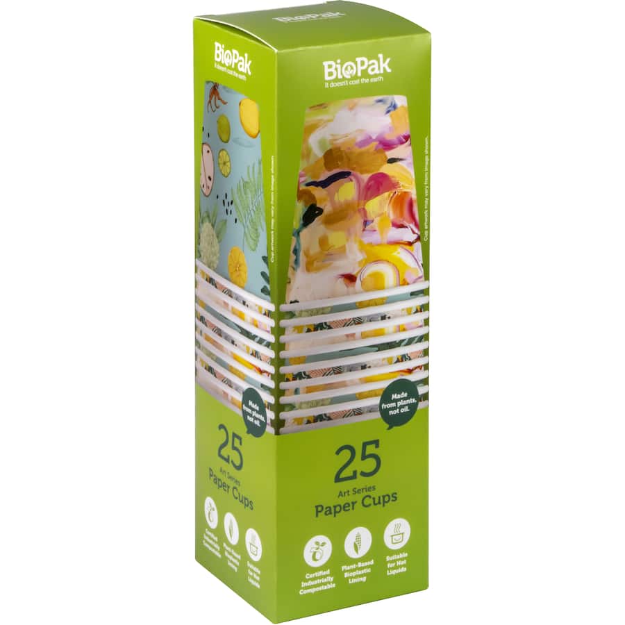 Eco-friendly BioPak 250ml paper cups for hot drinks, featuring biodegradable lining and stylish design for sustainability.