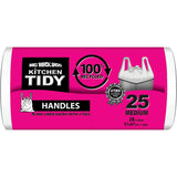 Eco-friendly white kitchen bin liners made from 100% recycled plastic, featuring tie handles and strong base seal for 28L bins.