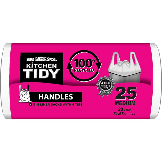 Eco-friendly white kitchen bin liners made from 100% recycled plastic, featuring tie handles and strong base seal for 28L bins.