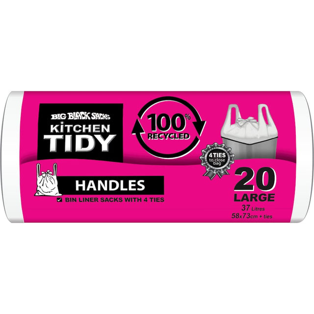Large white kitchen tidy liners made from 100% recycled materials, featuring four ties for easy closure and extra thickness.