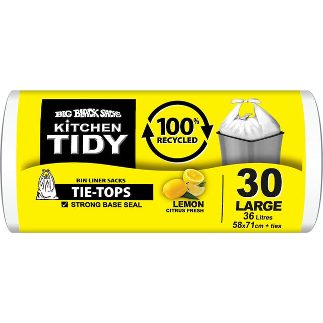 Large 58x71cm tie-top kitchen liners made from 100% recycled plastic with a lemon scent, perfect for 36L bins.