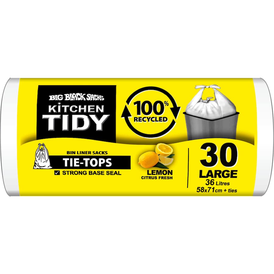 Eco-friendly large bin liners, 100% recycled, with lemon scent and strong seal, perfect for 36L kitchen waste bins.