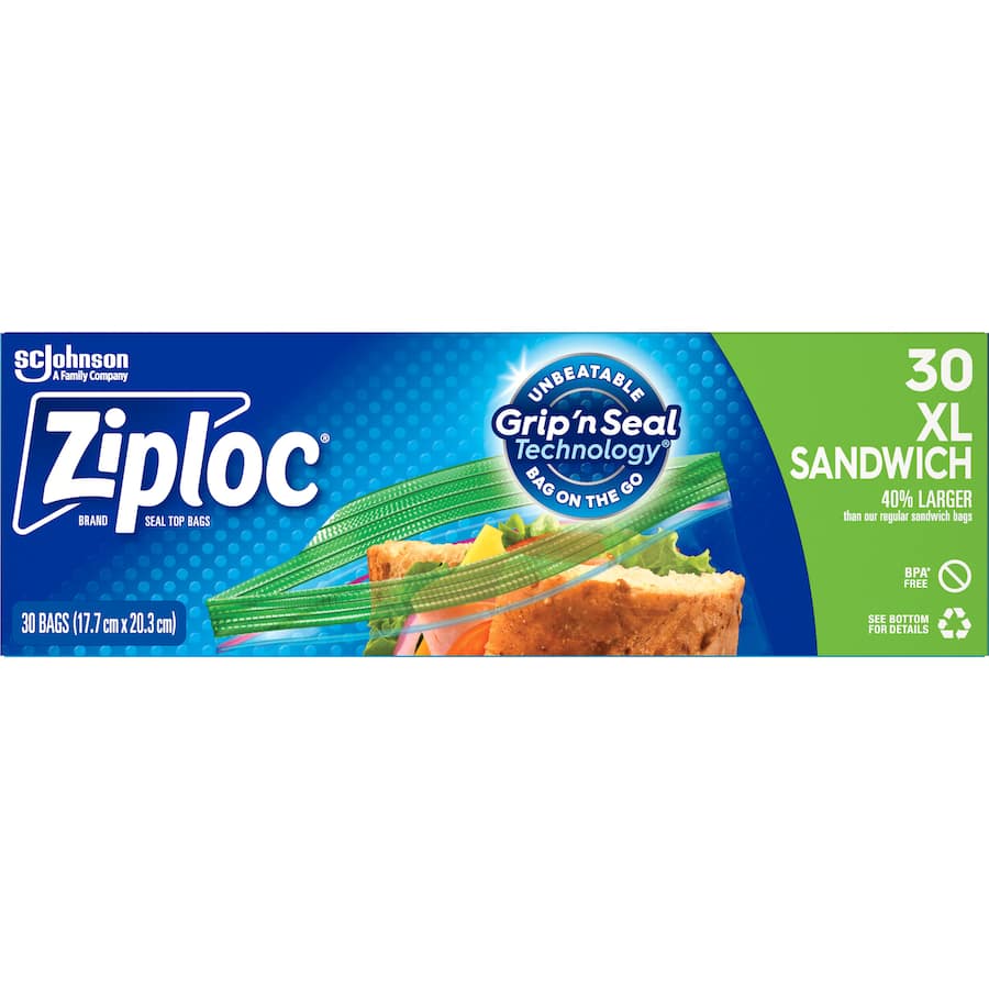 Extra-large Ziploc sandwich bags with easy open tabs, perfect for big sandwiches and meal prep, ensuring food freshness.