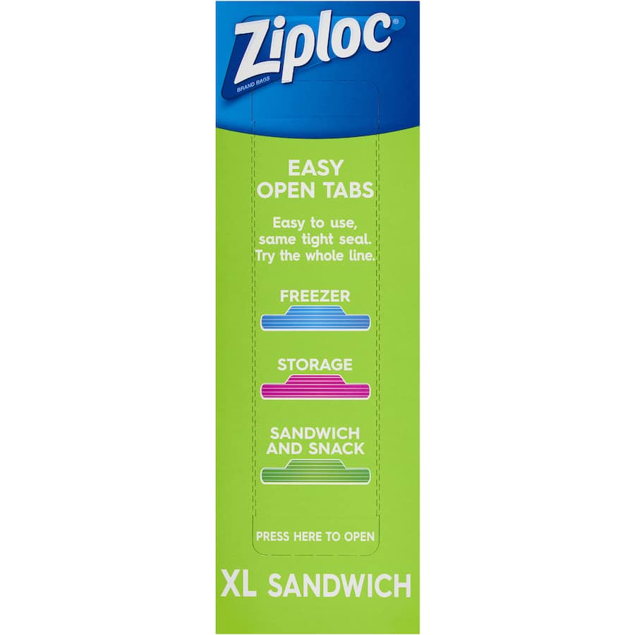 Extra-large Ziploc sandwich bags with easy open tabs, ideal for big sandwiches and keeping food fresh.