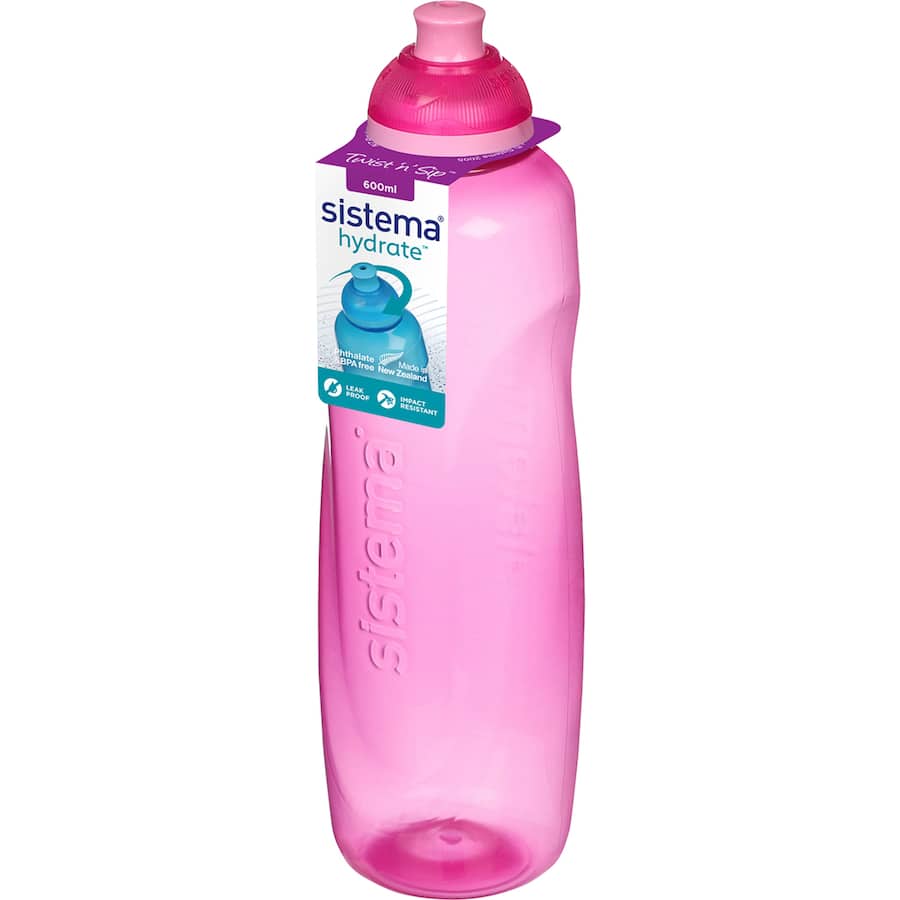 Sistema Hydrate 600ml drink bottle in assorted colors, featuring a twist lid and easy-sip spout for active hydration.